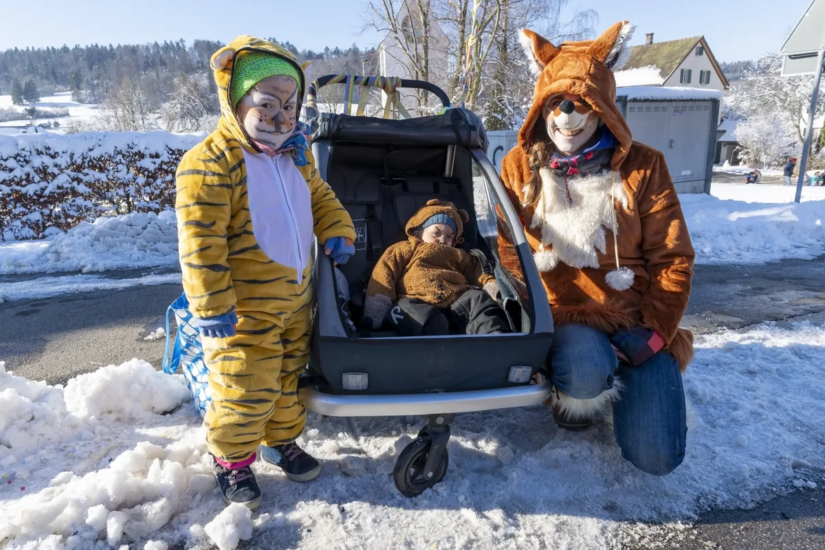 Frau Fuchs aus Winterthur ist schlau, sie verpasst ihren Kindern eine Fasnachtsimpfung. Eine Frau hat ihren Veloanhänger zur Sänfte umgebaut.